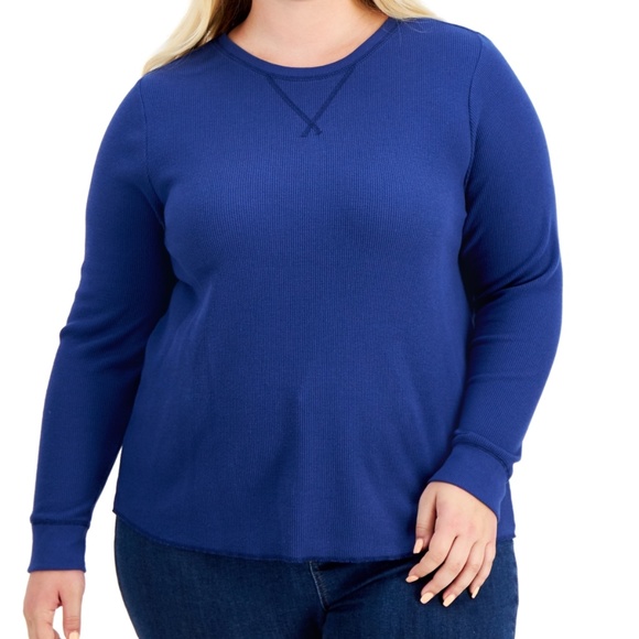 Style & Co Womens 3X Jewel Neck Thermal Knit Top Blue Cotton Blend Long Sleeve - Picture 1 of 10